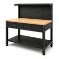 Établi en métal avec plateau en bois, 2 tiroirs, noir
