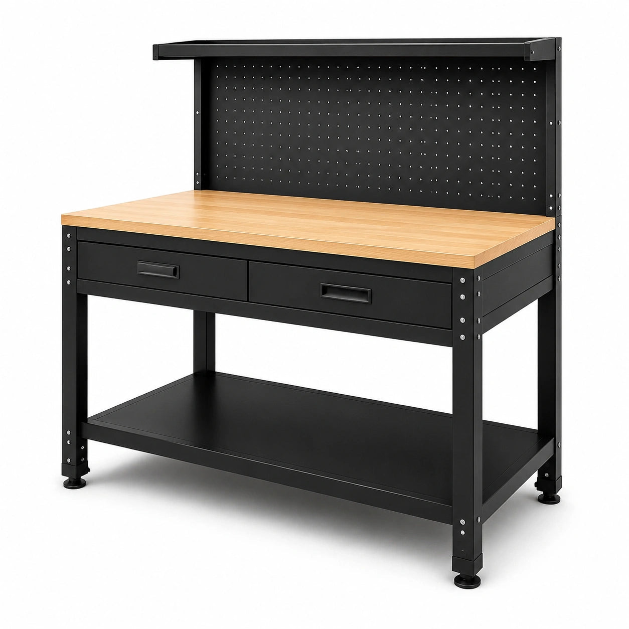 Établi en métal avec plateau en bois, 2 tiroirs, noir