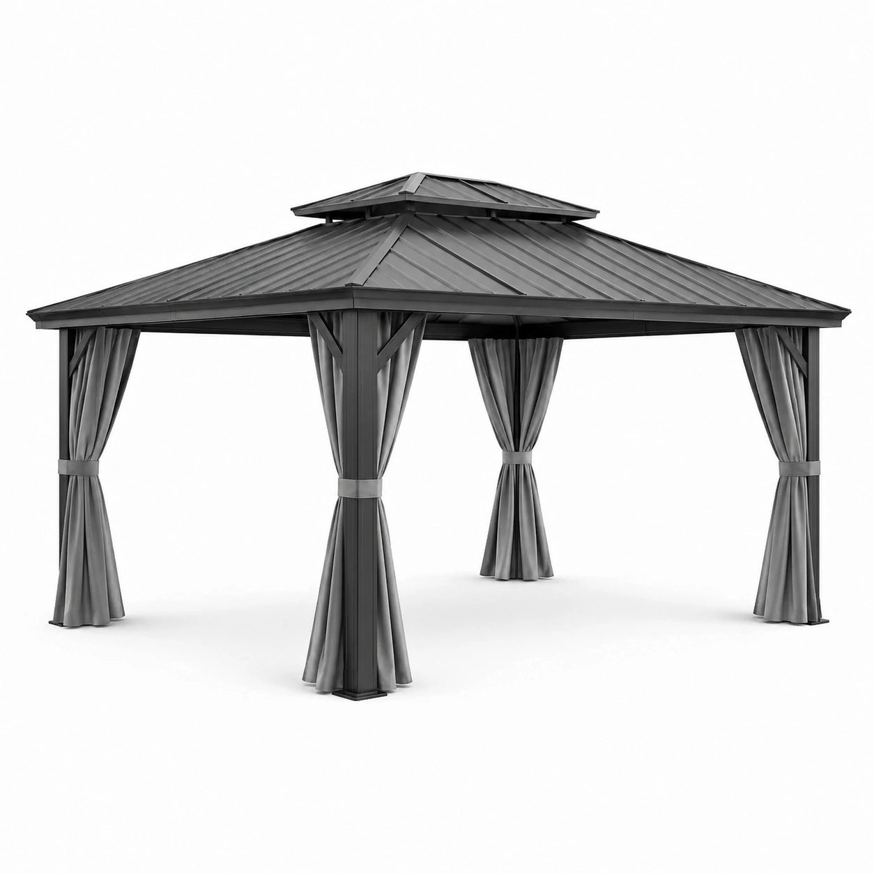 Pavillon en aluminium avec toit en acier galvanisé et rideaux en polyester gris