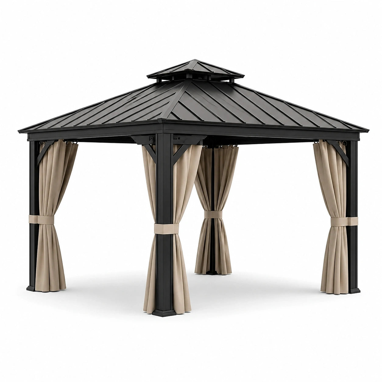 Pavillon en aluminium avec toit en acier et rideaux beige 3x3m