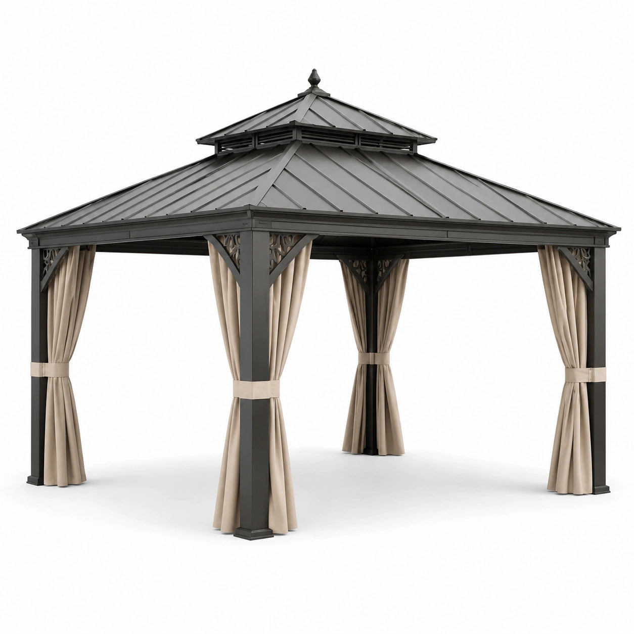Pavillon en aluminium avec toiture double et rideaux en polyester beige 300x400 cm