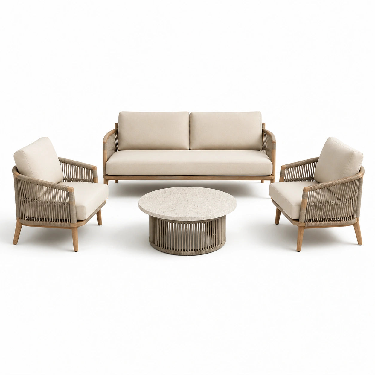 Ensemble de salon extérieur en bois et corde avec table en pierre
