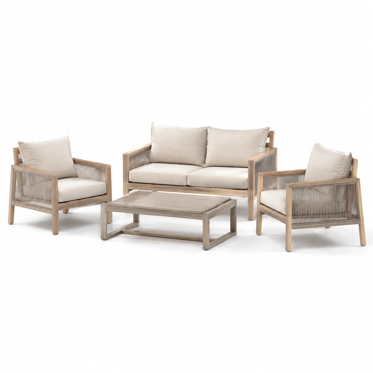 Ensemble de salon en bois d’acacia beige avec cordage en polyester