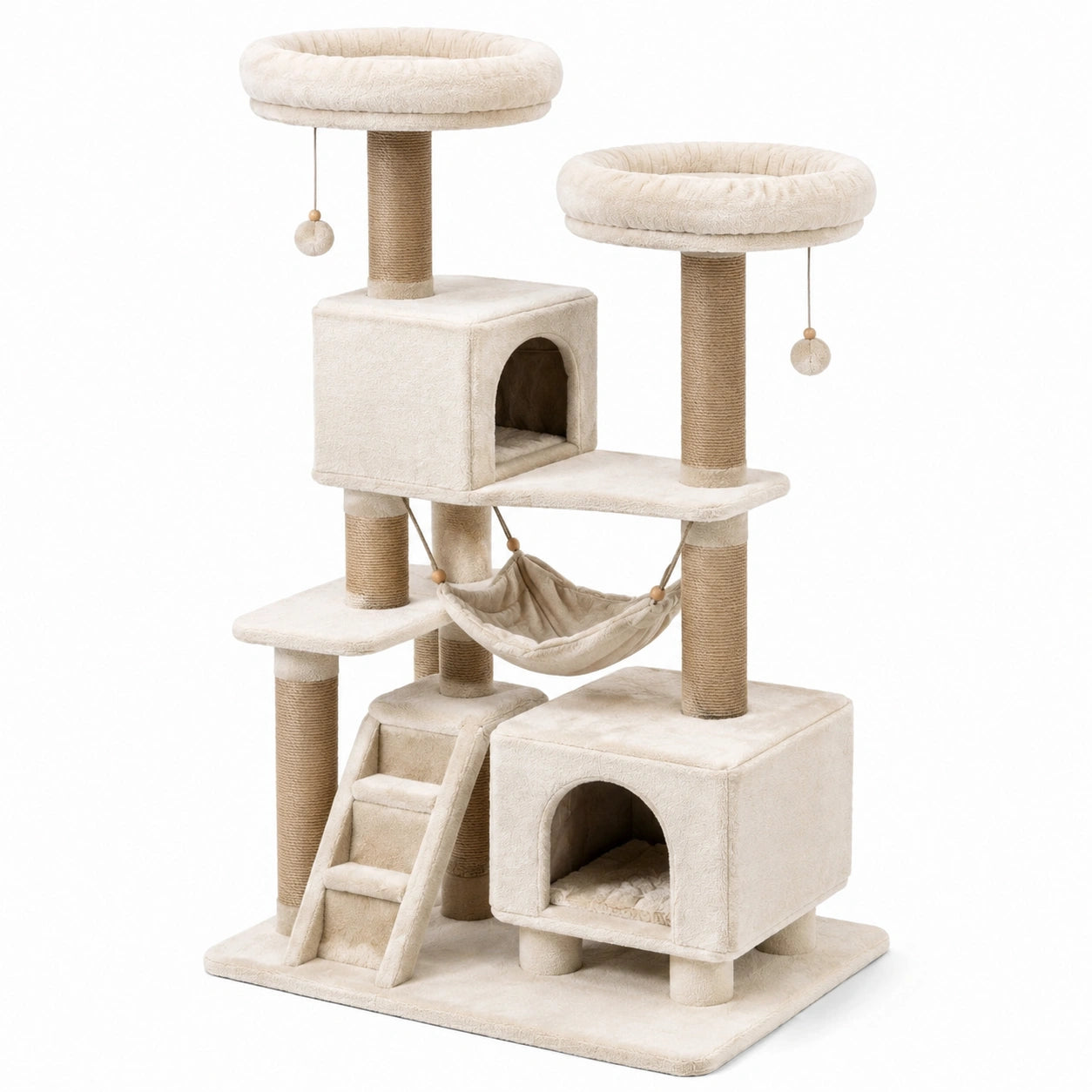 Arbre à chat en bois et sisal avec hamac et plateformes, 145 cm, beige