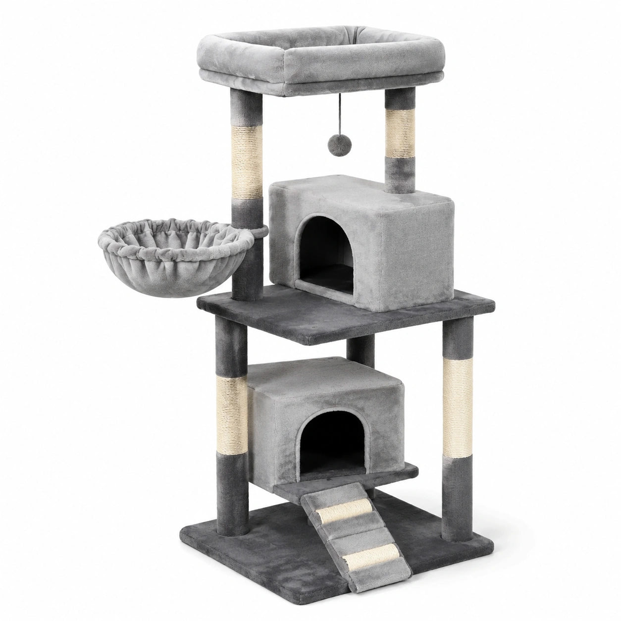Arbre à chat gris avec sisal et peluche 144 cm