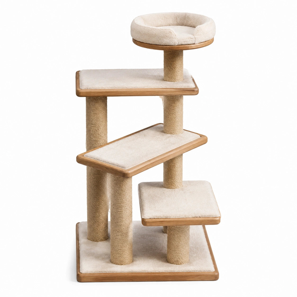 Arbre à chat en bois et sisal avec plateformes et panier beige