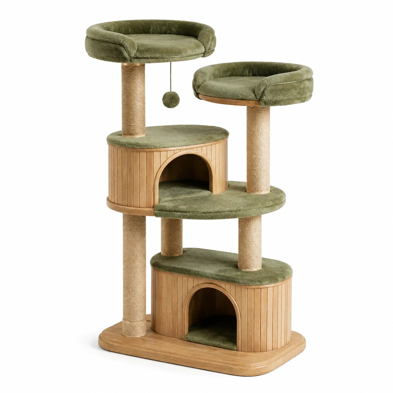 Arbre à chat en bois et peluche verte avec plateformes 120 cm
