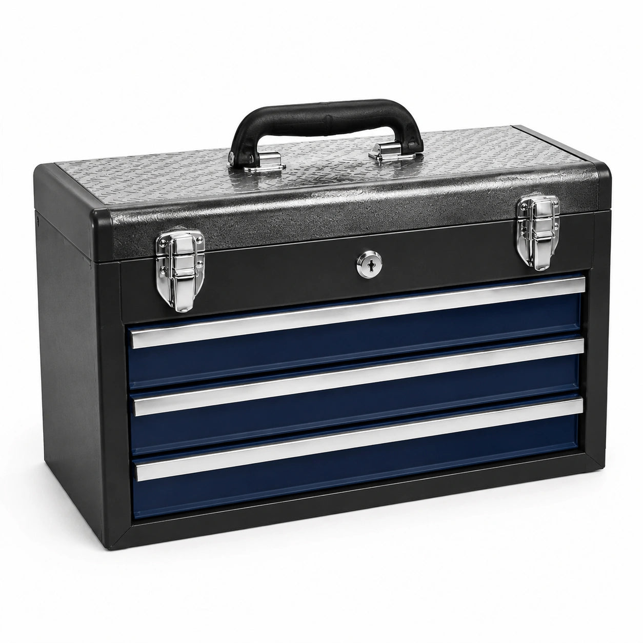 Caisse à outils en métal avec 3 tiroirs noir et bleu