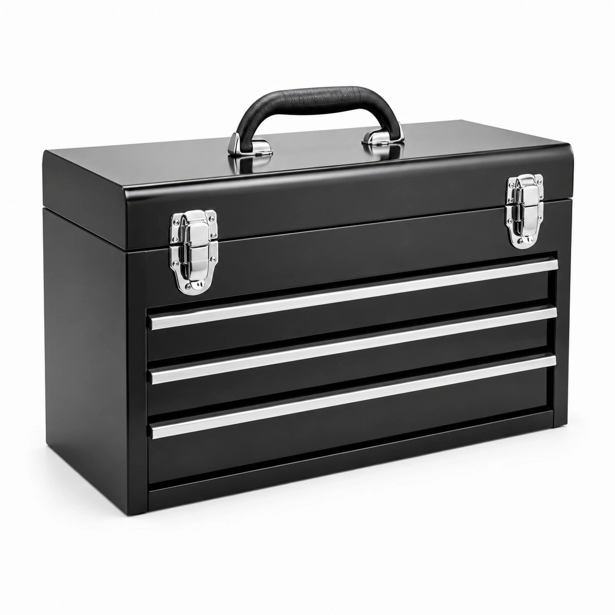 Boîte à outils en métal noir avec 3 tiroirs