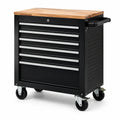 Chariot à outils en acier noir avec plateau en chêne et 7 tiroirs