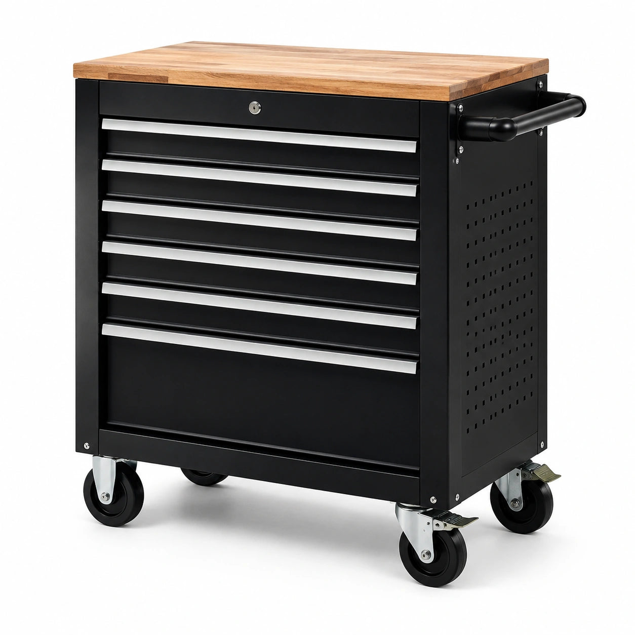 Chariot à outils en acier noir avec plateau en chêne et 7 tiroirs