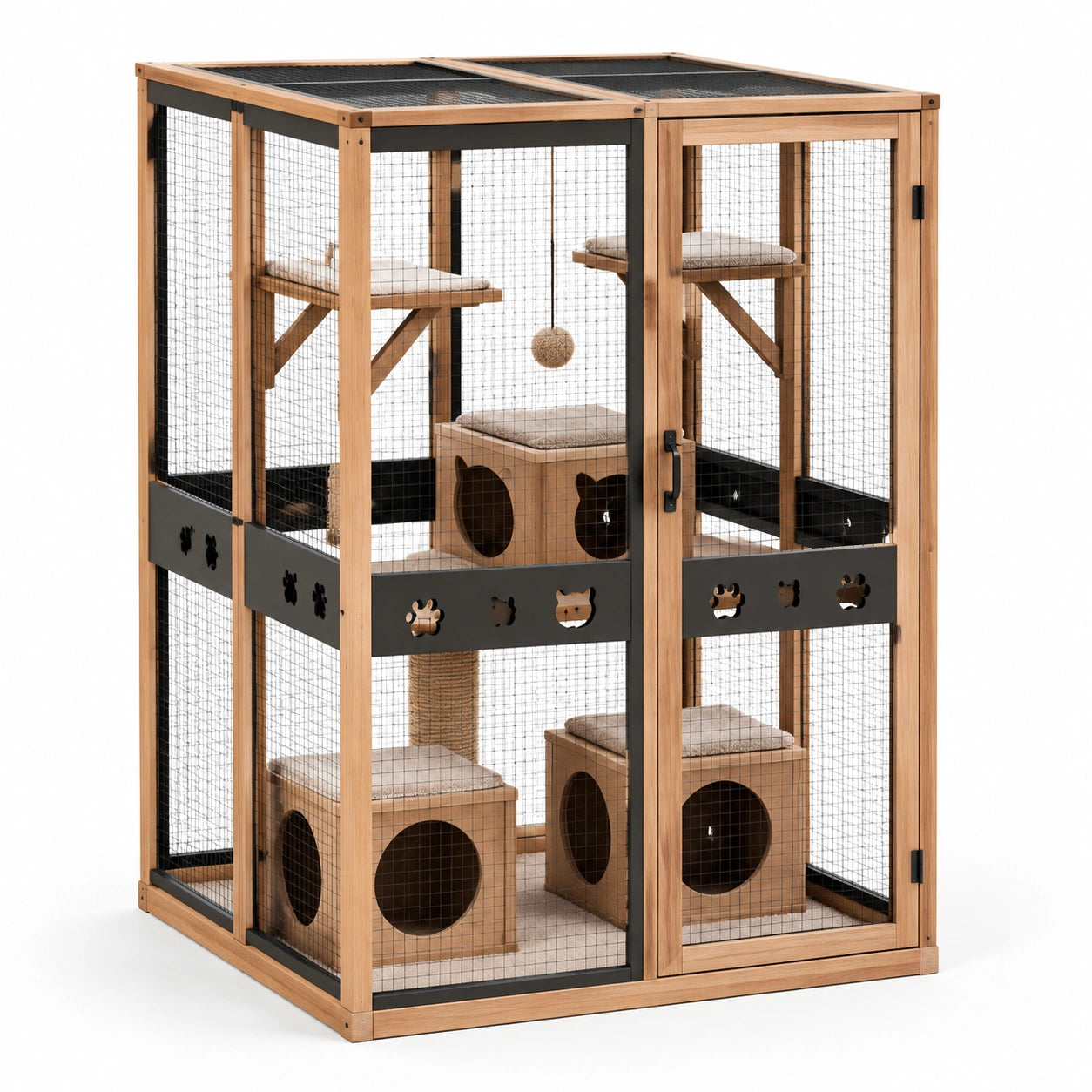 Enclos pour Chat en Bois et Maille Métallique avec Plateformes et Accessoires