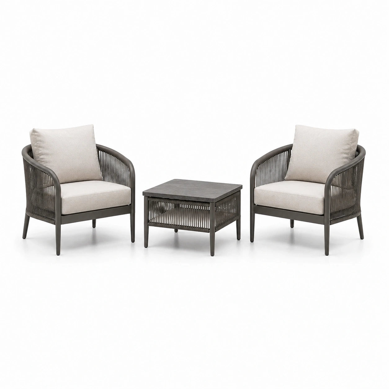Ensemble extérieur en osier avec fauteuils et table basse en aluminium