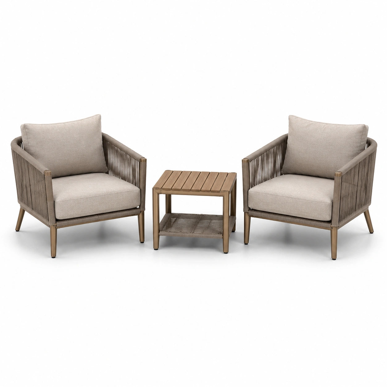 Ensemble de fauteuils avec table en bois et corde beige