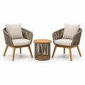 Ensemble de meubles en teck avec fauteuils en corde et coussins beige