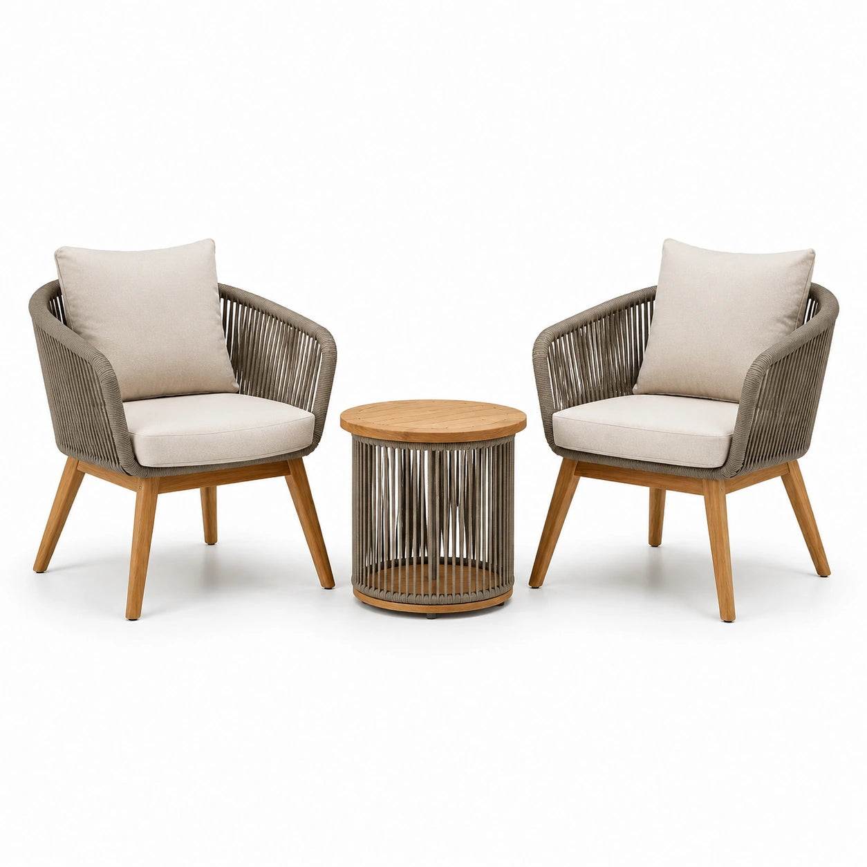 Ensemble de meubles en teck avec fauteuils en corde et coussins beige