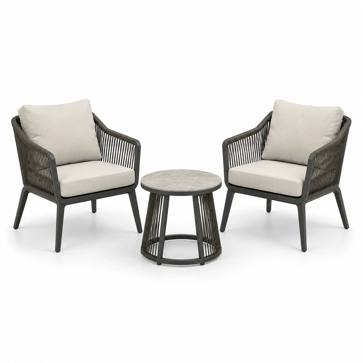 Ensemble de meubles de jardin avec fauteuils en corde et table en métal